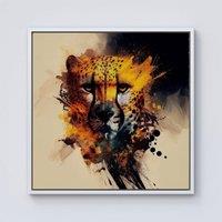 Warren Reed - Designer Cheetah Face Splashart Framed Canvas in Off-White | Size: W16 x H16