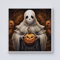 Warren Reed - Designer Spooky White Ghost Holding Pumpkin Framed Canvas in Off-White | Size: W16 x H16