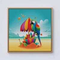 Warren Reed - Designer Parrot On A Beach Holiday Framed Canvas in Light Brown | Size: W16 x H16