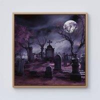 Warren Reed - Designer Witchs Moonlit Cemetery Design Framed Canvas in Light Brown | Size: w40 inch x h40 inch