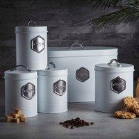 Cooks Professional 5 Piece Bread Biscuit Tea Coffee Sugar Storage Set with Silver Labels in White