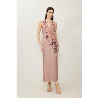 Crystal Embellished Embroidery And Applique Woven Halter Woven Maxi Dress