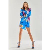 Liquorish Women's Blue Floral Satin Mini Wrap Dress | Size: 12