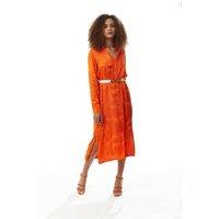 Liquorish Women's Leaf Print Midi Shirt Dress in Coral with Belt in Orange | Size: Small