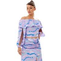 Liquorish Women's Ruffle Long Sleeve Off-The Shoulder Top With Sleeve Slits in Lilac in Purple | Size: 10