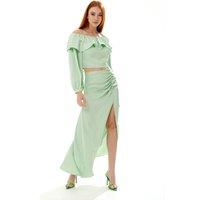 Liquorish Women's Ruffle Long Sleeve Off-Shoulder Top With Sleeve Slits In Mint Green | Size: 12