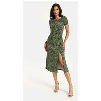 Liquorish Women's Fitted Midi Dress in Khaki Animal Print | Size: 8