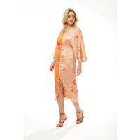 Liquorish Women's Kimono Midi Dress with Open Back in Orange Oriental Print | Size: 10
