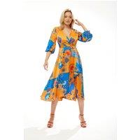 Liquorish Women's Midi Dress In Orange & Blue Floral Print | Size: 8