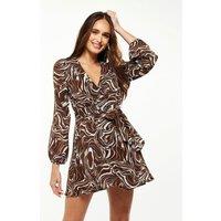 Liquorish Women's Scribble Print Mini Wrap Dress with Long Sleeves in Brown | Size: 10