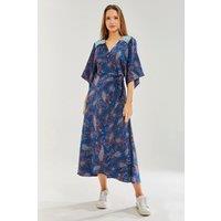 Liquorish Women's Navy Based Floral Print Maxi Wrap Dress with Blue Lace Details | Size: 14