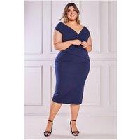 Goddiva Women's Scuba Bardot Pleated Midi Dress in Navy | Size: 26