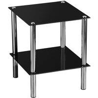 Orsina 2 Tier Black Glass End Table With Chrome Legs, Slim Side Table With Silver Accents, Luxe Night Side Table