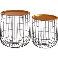 Orsina Set of 2 Black Round Basket Side Tables, Wirefame Side Tables with Gold Tops, Endtables for living room