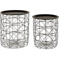 Orsina Set of 2 Black Basket Side Tables, Nest of Side Tables with Black Tops, Wireframe End Tables for Living Room