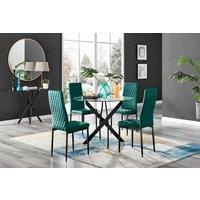 FurnitureboxUK Novara 4 Seater Black Leg Round Glass Dining Table & 4 Milan Soft Velvet Black Leg Chairs in Green