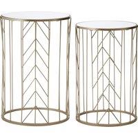 Orsina Mirrored Top Set of 2 Champagne Side Tables, Cylindrical End Table With Strong Iron, Metallic Sofa Side Tables in Gold