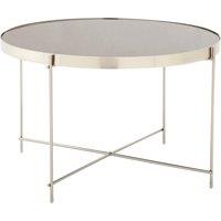 Orsina Polished Large Silver Mirror Side Table, Round Table With Mirror Glass Top, Chrome Lattice Base Lounge Sofa in Grey