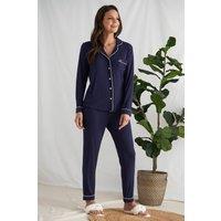 Pretty You London Women's Bamboo Long Pyjama Set in Dark Navy | Size: 8