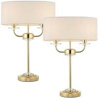Loops 2 PACK Twin Light Table Lamp 2 Bulb Brass & White Shade Crystal Trim Bedside