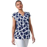 Roman Women's Circle Ring Print V-Neck Stretch Top in Navy | Size: 12