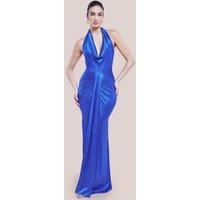Goddiva Women's Open Back Cowl Neck Maxi Dress in Cobalt | Size: 16