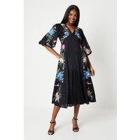 Floral Neckline Embroidered Puff Sleeve Midi Dress