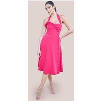 Goddiva Women's Frilled Halter Neck Strap Midi Dress in Magenta | Size: 18