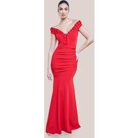 Goddiva Women's Off The Shoulder Frill Gathered Maxi Dress in Red | Size: 18