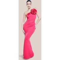 Goddiva Women's Satin Corsage Scuba Crepe Maxi Dress in Magenta | Size: 16