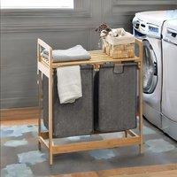 Rafaelo Mobilia Bamboo Grey Pull Out Double Laundry Basket With Shelf in Natural