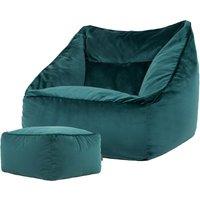 icon Natalia Velvet Adults Bean Bag Armchair & Pouffe, Ready Filled Large Beanbag & Footstool Olive Green in Teal