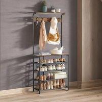 Rafaelo Mobilia Industrial Rustic Hallway Tree Coat Stand With 5 Tier Shoe Rack in Dark Brown