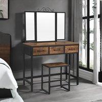 Rafaelo Mobilia Industrial Rustic Brown Dressing Table With Mirror & Stool
