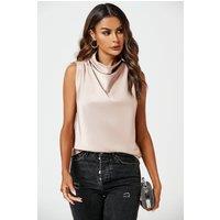 FS Collection Women's Satin High Neck Sleeveless Blouse in Metallic Gold | Size: XL