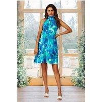 FS Collection Women's Abstract Floral Print Halter Neck Tie Back Mini Dress In Blue | Size: Small