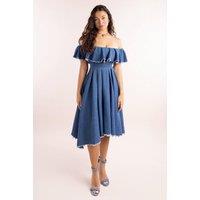 Goddiva Women's Denim Frilled Bardot High Low Dress in Blue | Size: 18