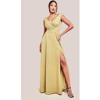 Goddiva Women's Crossover Sparkling Glitter Maxi Dress in Gold | Size: 16