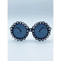 SVNX Women's Round Floral Gem Novelty Sunglasses in Black