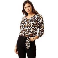 Liquorish Women's Tie Top in Animal Print with Long Sleeves | Size: 8
