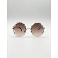 SVNX Women's Oversized Round Frameless Sunglasses with Crystal Detail in Brown in Light Brown