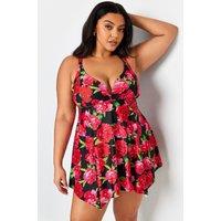 Yours Women's Floral Print Hanky Hem Swim Dress in Red | Size: 16