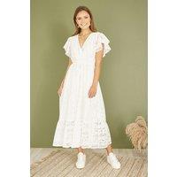 Yumi Women's White Organic Cotton Broderie Anglaise Wrap Midi Dress | Size: 10