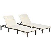 OUTSUNNY Rattan Sun Loungers Set of 2 w/ 5-Level Adjustable Backrest Headrest in Cream