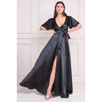 Flutter Sleeve Wrapover Satin Maxi Dress