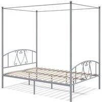 Costway Double Size Metal Canopy Bed Frame 4-Poster Modern Platform Wooden Slat Support in Grey
