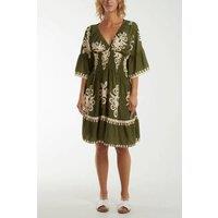 HOXTON GAL Women's Relaxed Fit 3/4 Sleeves V Neck Printed Knee Lenght Dress in Khaki