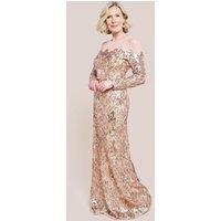 Goddiva Women's Floral Sequin Mesh Maxi Dress in Medium Beige | Size: 8