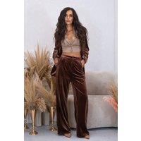 BALOU Women's High Waisted Velvet Trousers in Brown | Size: 8