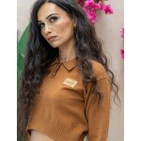 BALOU Women's Semi Fitted Cropped Knit Polo Top in Brown | Size: 14